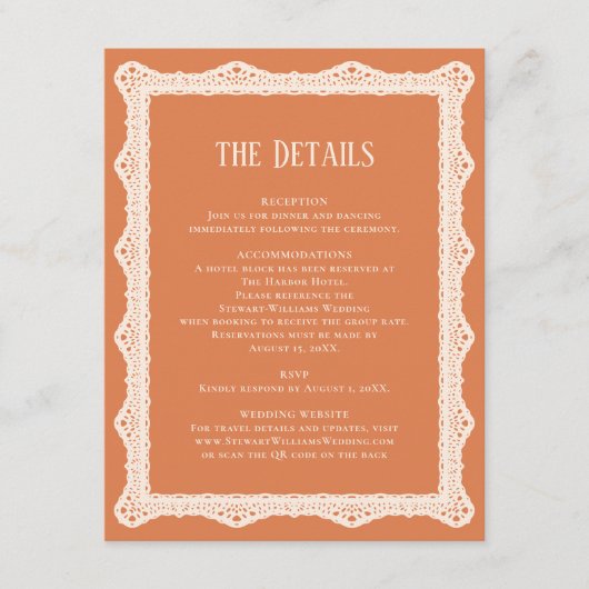 Peach Lace Details Reception Information Wedding  エンクロージャーカード (正面)
