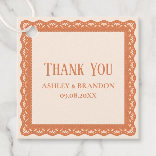 Peach Lace Square Wedding Thank You フェイバータグ (正面)