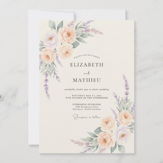 Peach Lavender Bloom Flourish Wedding 招待状 (正面)