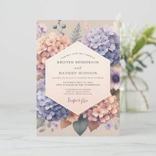 Peach Lavender Hydrangea Floral Wedding 招待状 (スタンド正面)