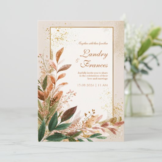 Peach Leaf Gold Stardust Wedding 招待状 (スタンド正面)