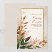 Peach Leaf Gold Stardust Wedding 招待状 (正面/裏面)