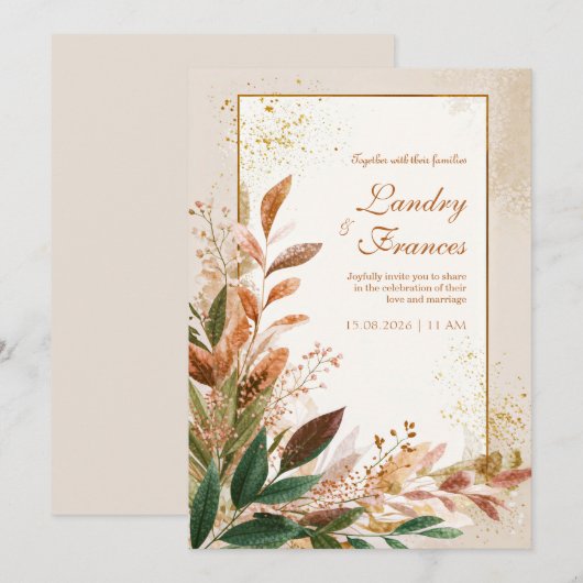 Peach Leaf Gold Stardust Wedding 招待状 (正面/裏面)