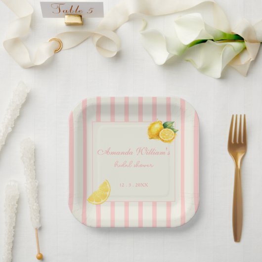Peach Lemon Stripes Bridal Shower Pastel ペーパープレート (ウェディング)