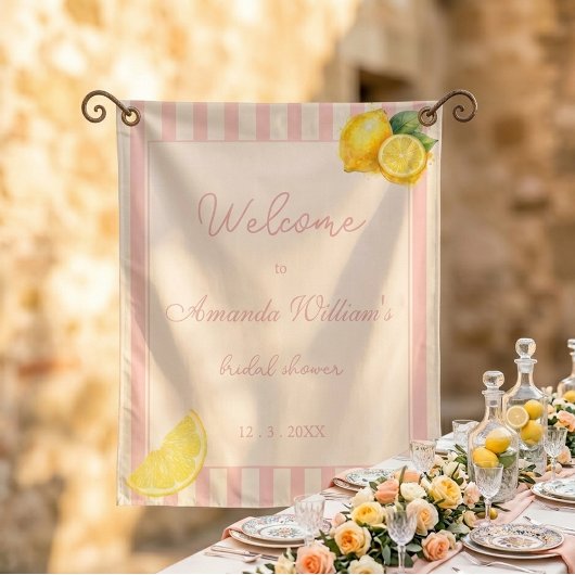 Peach Lemon Stripes Bridal Shower Welcome Sign タペストリー