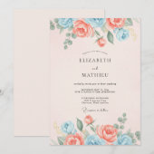 Peach Light Blue Refined Spring Wedding 招待状 (正面/裏面)