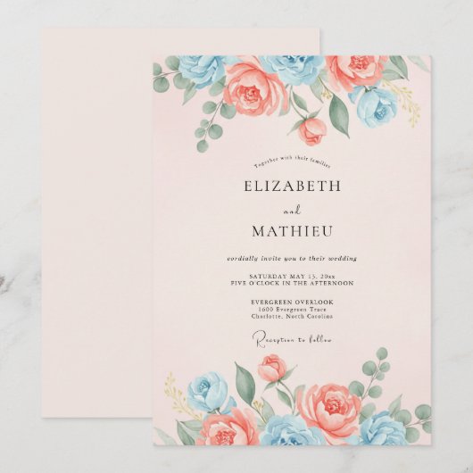 Peach Light Blue Refined Spring Wedding 招待状 (正面/裏面)