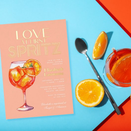 Peach Love at First Spritz ブライダルシャワー 箔招待状