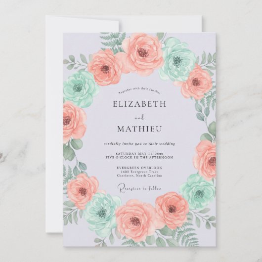 Peach Mint Botanical Flourish Wedding 招待状 (正面)