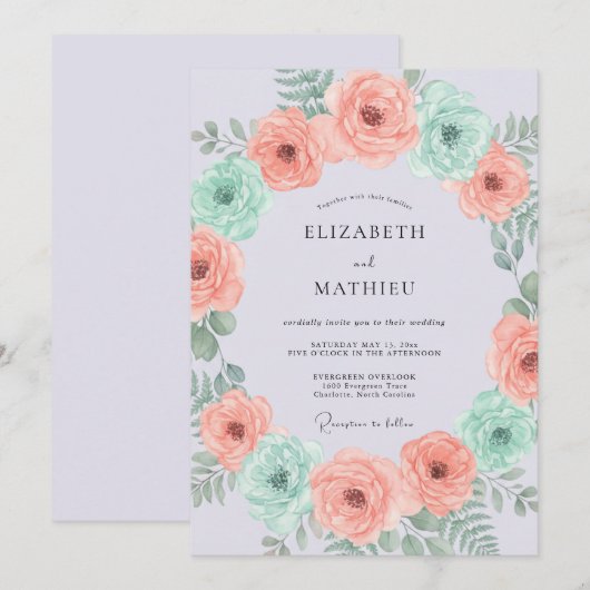Peach Mint Botanical Flourish Wedding 招待状 (正面/裏面)