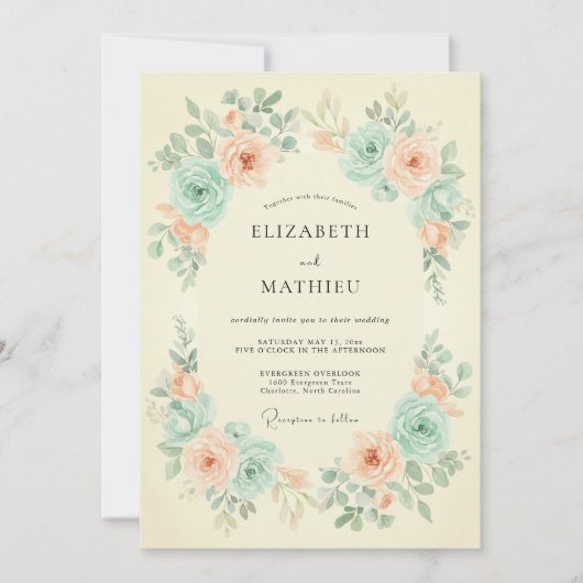 Peach Mint Floral Spring Wedding 招待状 (正面)