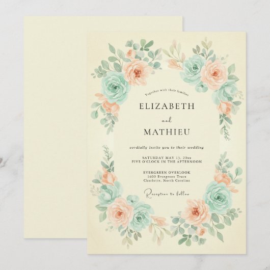 Peach Mint Floral Spring Wedding 招待状 (正面/裏面)