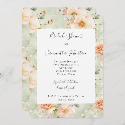 Peach Mint Pretty Rose Floral Bridal Shower 招待状 (正面/裏面)