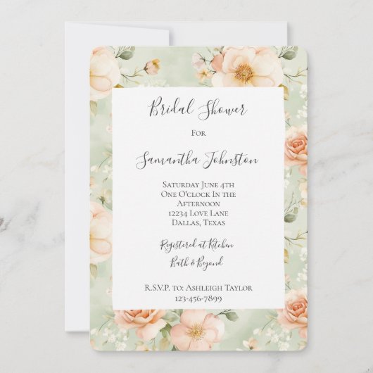 Peach Mint Pretty Rose Floral Bridal Shower 招待状 (正面)