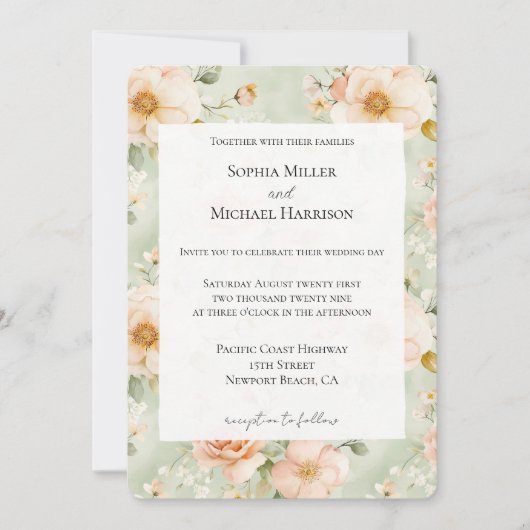 Peach Mint Pretty Rose Floral Wedding 招待状 (正面)