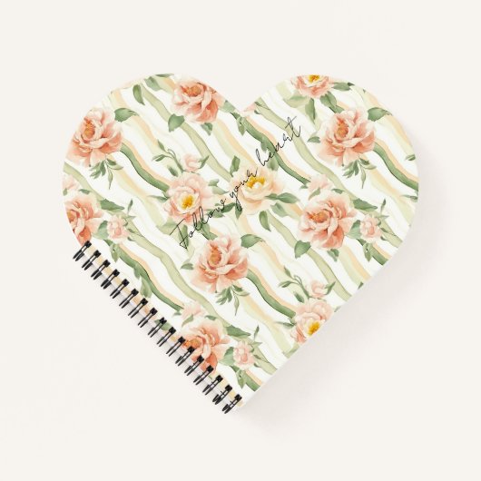 Peach Mint Pretty Roses Floral Stripes ノートブック (正面)