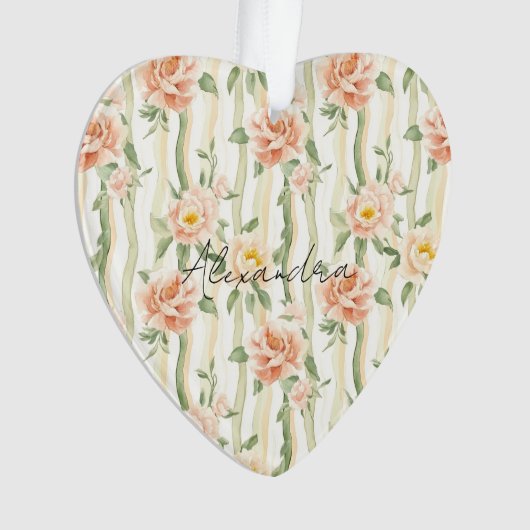 Peach Mint Pretty Roses Floral Stripes Christmas オーナメント (正面)