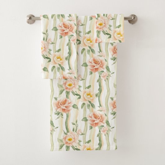 Peach Mint Roses Floral Stripes バスタオルセット (インサイチュ)
