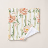 Peach Mint Roses Floral Stripes バスタオルセット (ウォッシュタオル)