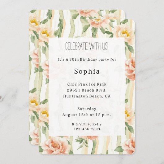 Peach Mint Roses Floral Stripes Birthday 招待状 (正面/裏面)