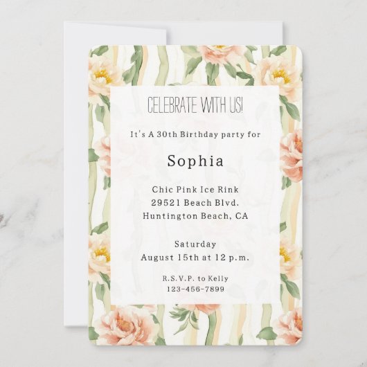 Peach Mint Roses Floral Stripes Birthday 招待状 (正面)