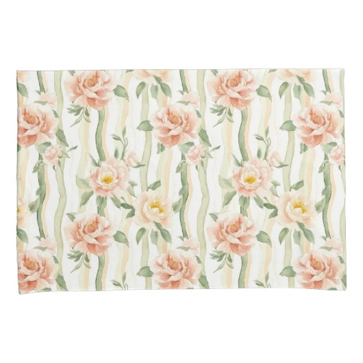 Peach Mint Roses Floral Stripes Birthday 枕カバー (正面右)
