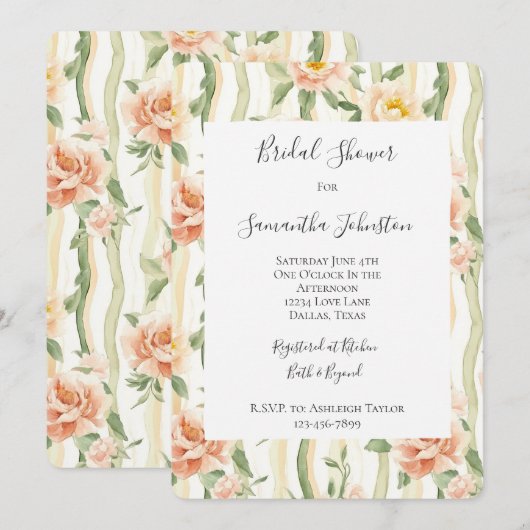 Peach Mint Roses Floral Stripes Bridal Shower 招待状 (正面/裏面)
