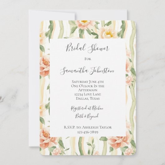 Peach Mint Roses Floral Stripes Bridal Shower 招待状 (正面)