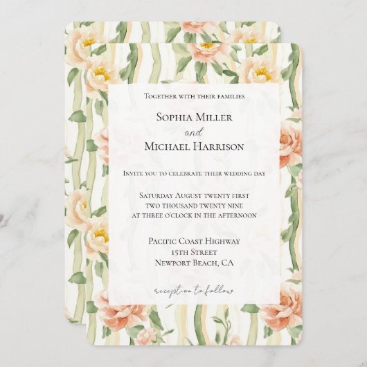 Peach Mint Roses Floral Stripes Wedding 招待状 (正面/裏面)