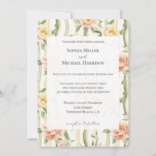 Peach Mint Roses Floral Stripes Wedding 招待状 (正面)