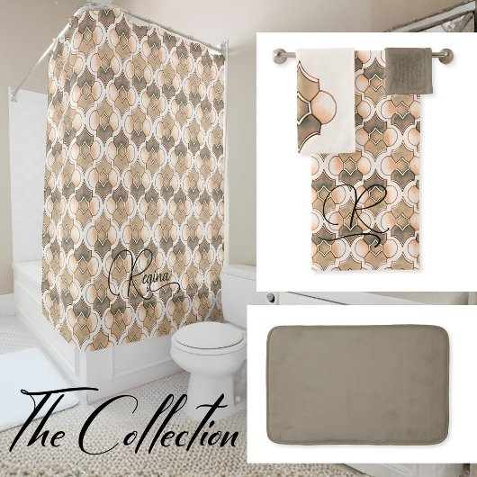 Peach Monogram Watercolor Geometric Pattern  バスタオルセット