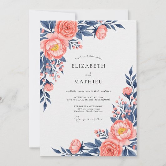 Peach Navy Exquisite Floral Wedding 招待状 (正面)