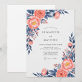 Peach Navy Exquisite Floral Wedding 招待状 (正面/裏面)