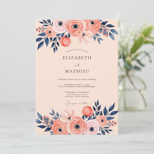 Peach Navy Romantic Spring Wedding 招待状 (スタンド正面)