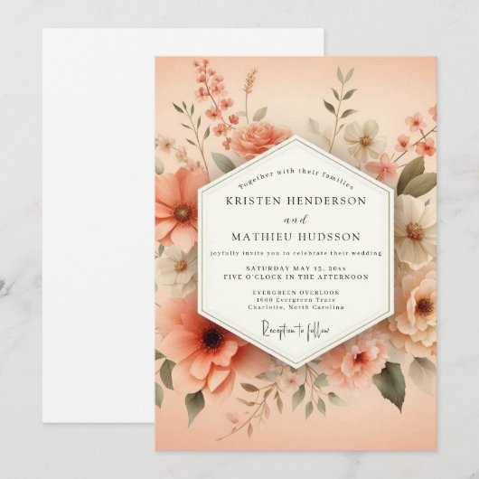 Peach Painterly Bloom Wedding 招待状 (正面/裏面)