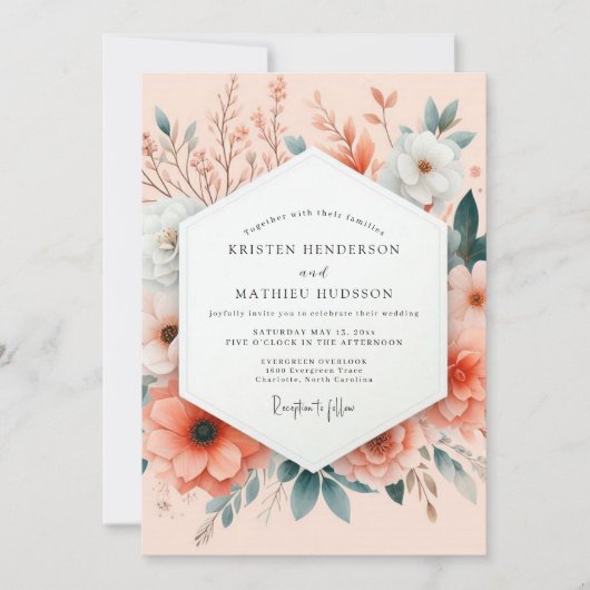 Peach Painterly Botanical Wedding 招待状 (正面)