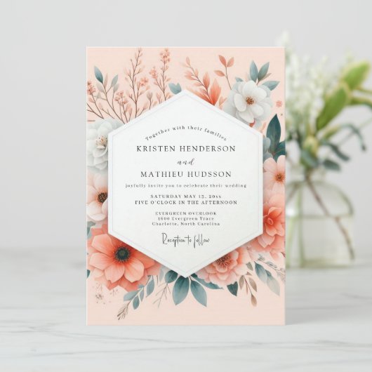 Peach Painterly Botanical Wedding 招待状 (スタンド正面)