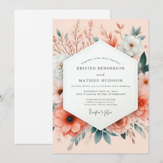 Peach Painterly Botanical Wedding 招待状 (正面/裏面)