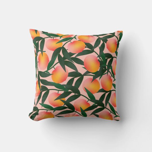 Peach pattern on pink background. Hand drawn fruit クッション (正面)