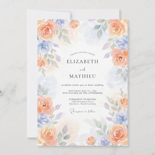 Peach Periwinkle Poetic Springtime Wedding 招待状 (正面)