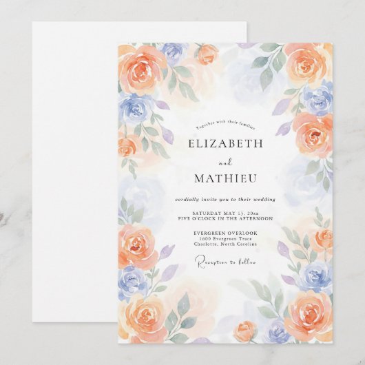 Peach Periwinkle Poetic Springtime Wedding 招待状 (正面/裏面)