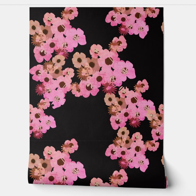 Peach Pink Flowers on Black 壁紙 (ほどく)
