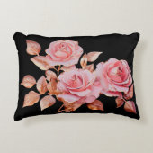 Peach Pink Gold Roses on Black アクセントクッション (正面)