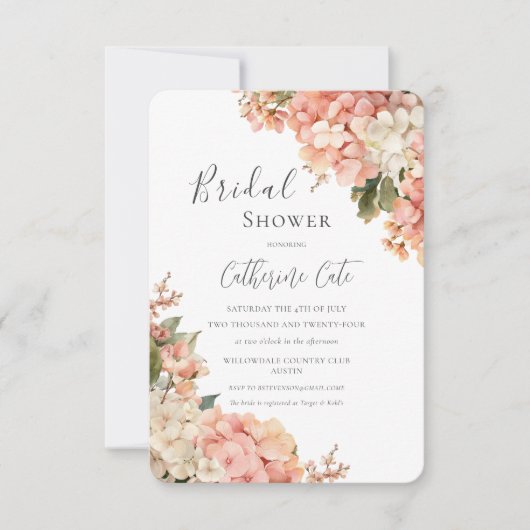 Peach & Pink Hydrangeas Floral Bridal Shower 招待状 (正面)