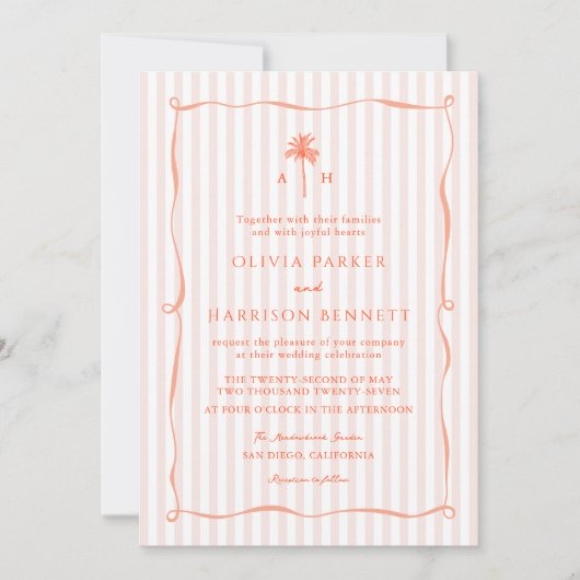 Peach Pink Palm Tree Tropical Wedding Invitation 招待状 (正面)
