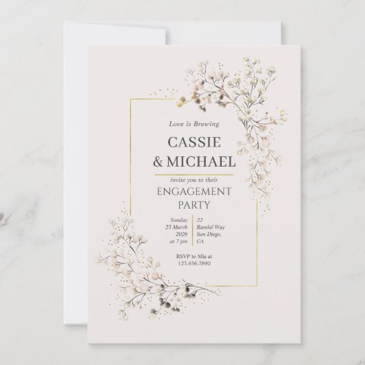 Peach Pink Wildflower and Gold Engagement Party  招待状 (正面)