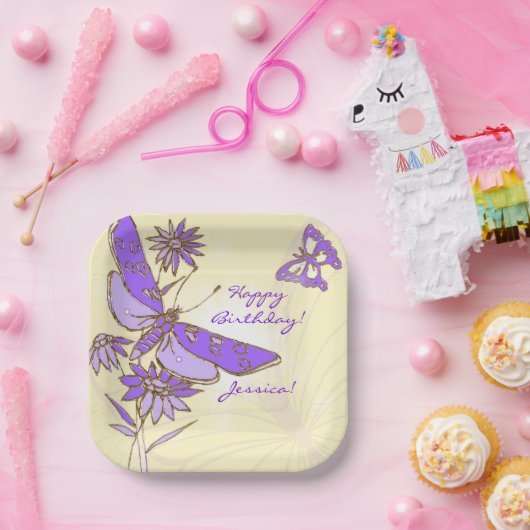 Peach Purple Butterfly Throw Pillow ペーパープレート (パーティー)