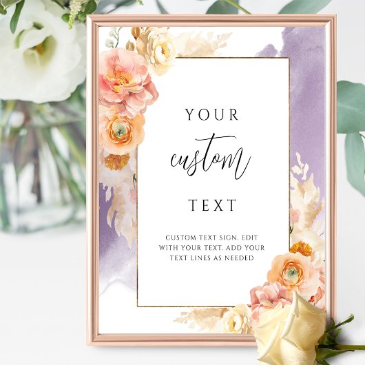 Peach Purple Floral Wedding Sign with Custom Text ポスター