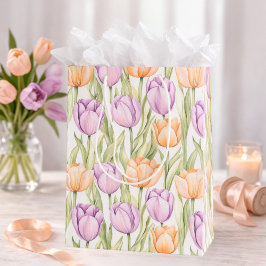 Peach Purple Tulip Pattern Elegant Spring Floral ミディアムペーパーバッグ