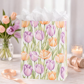 Peach Purple Tulip Pattern Elegant Spring Floral ミディアムペーパーバッグ